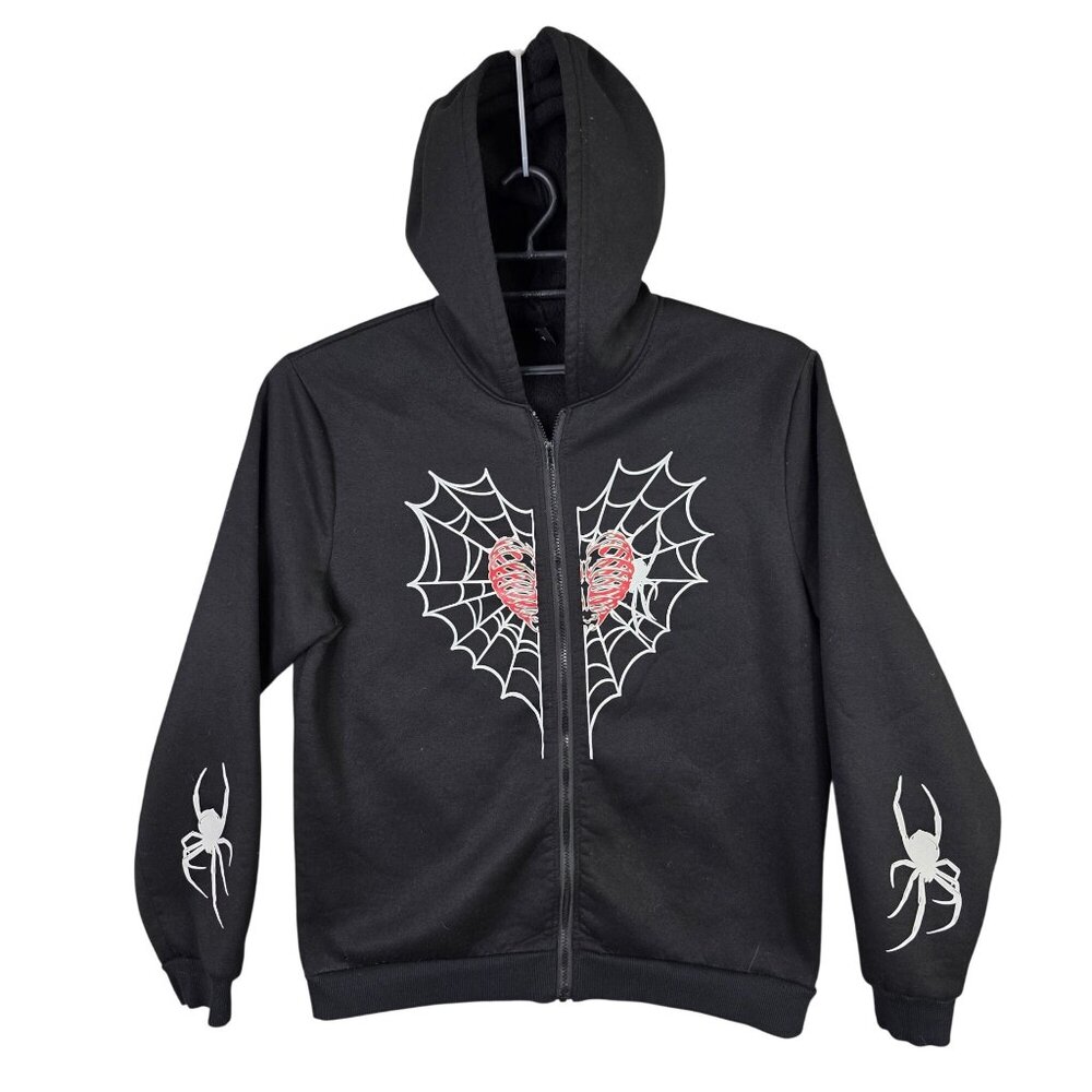 Womens Romwe Spider Web Heart Black Full Zip Hoodie Polyester Stretch Size XXL